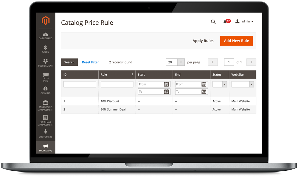 Magento Backend Catalog Price Rules on Laptop