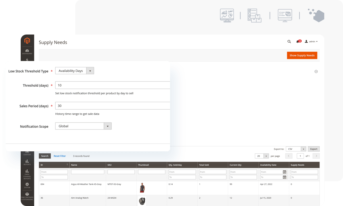Magento Purchase Order includes automatic low stock alerts and supply need