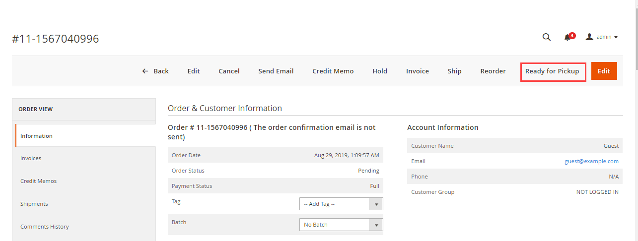 Sales order page in backend