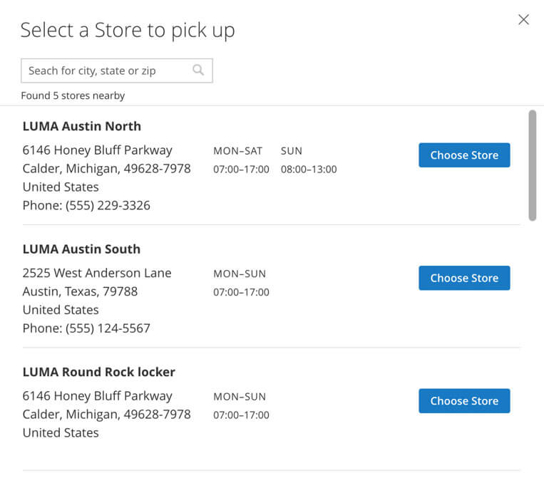 Select a Store to pick up in frontend