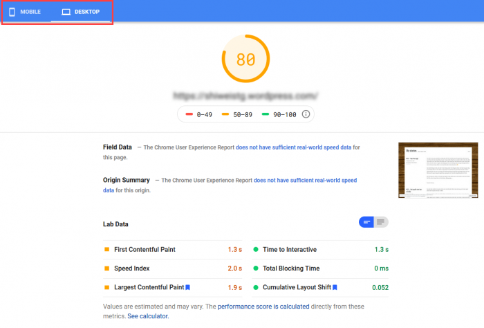 You can switch check to site performance in desktop mode