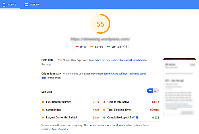 Check site performance in mobile mode by Google PageSpeed