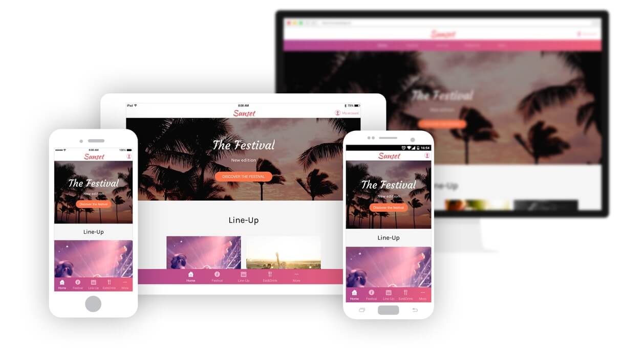 Design of PWA site is arranged neatly in all templates, from desktop to a tablet and phone