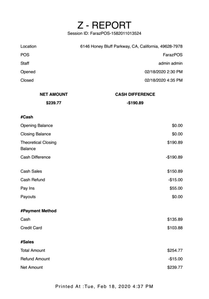 An example end-of-day report from a modern POS solution