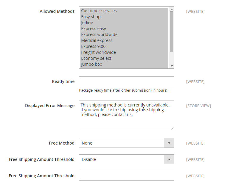 Set up DHL Allowed Methods