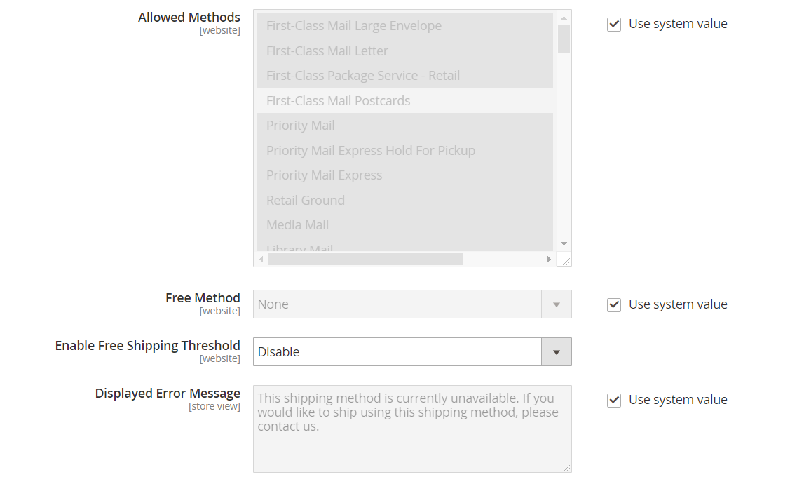Set up USPS Allowed Methods, USPS Applicable Countries, and other settings
