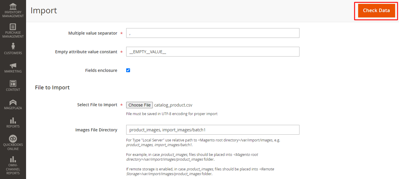 Click Check Data button to complete process - how to import products in magento 2