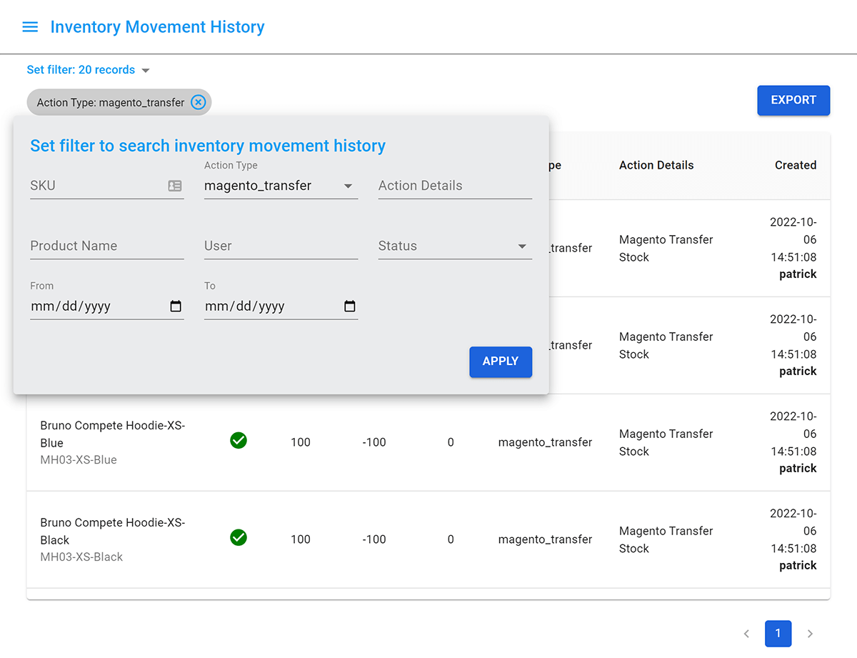 magento inventory movement history filter