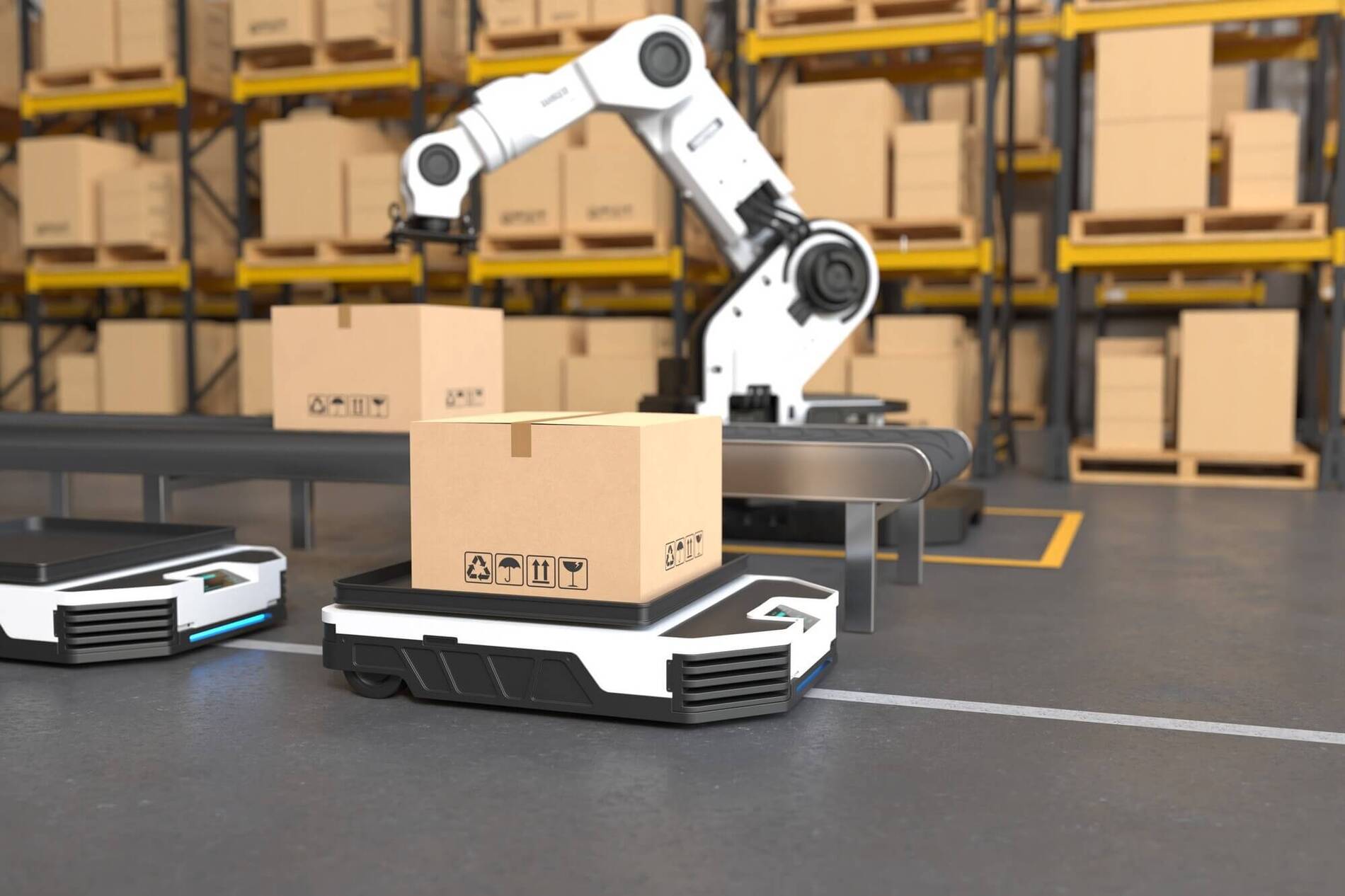 a-warehouse-robot-is-picking-up-a-package