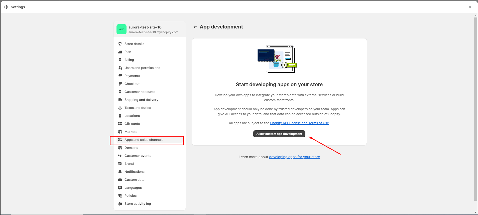 Shopify app development page with a red arrow pointing to Allow custom app development
