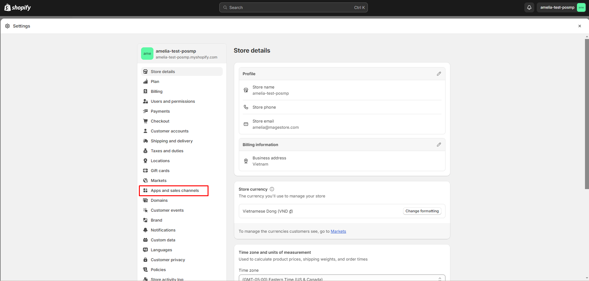 The Settings page within Shopify admin