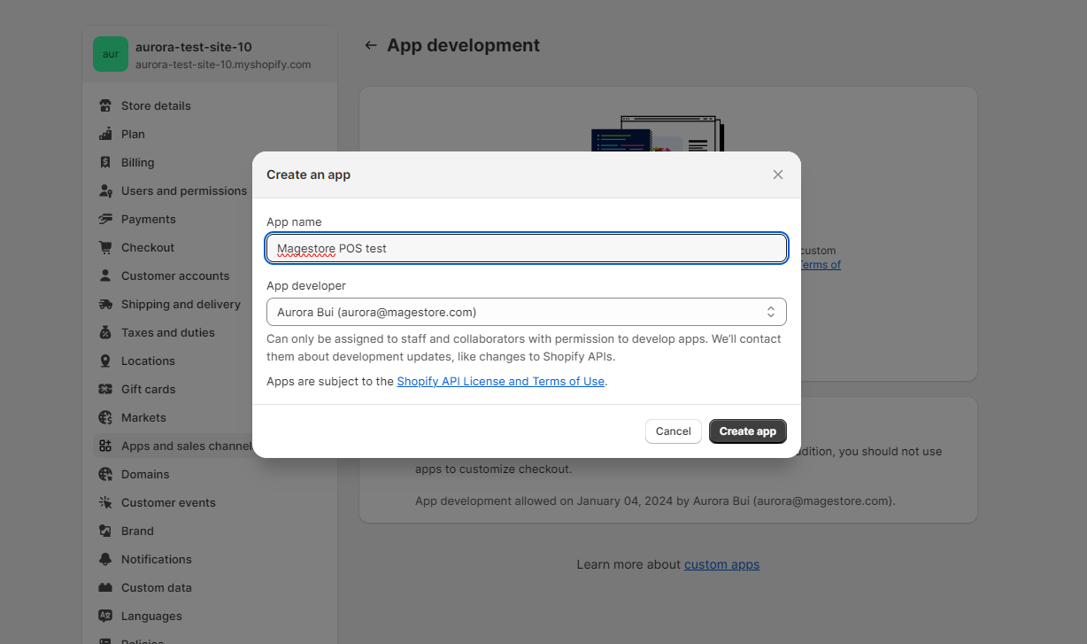 Create an app's popup asking users to fill in an app name and choose a developer