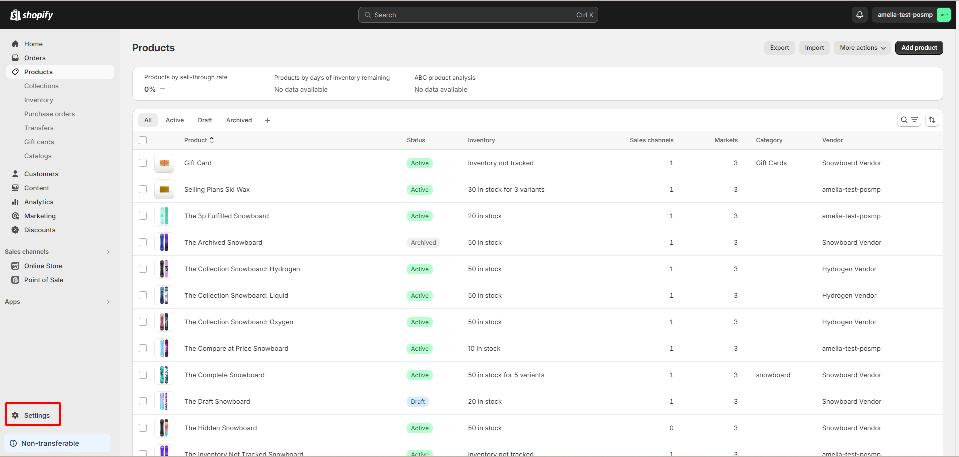 Shopify admin page with a red rectangle around Settings