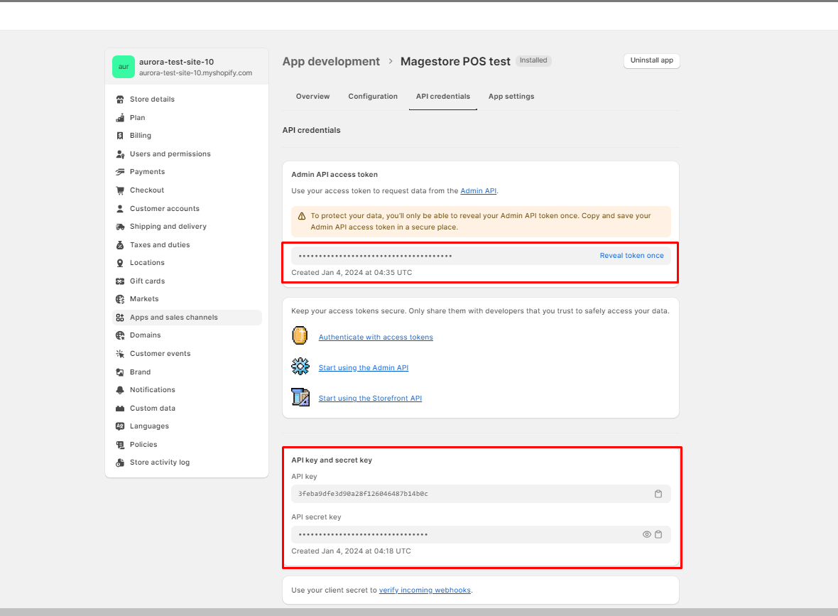 Shopify custom app page, with red rectangle around API information