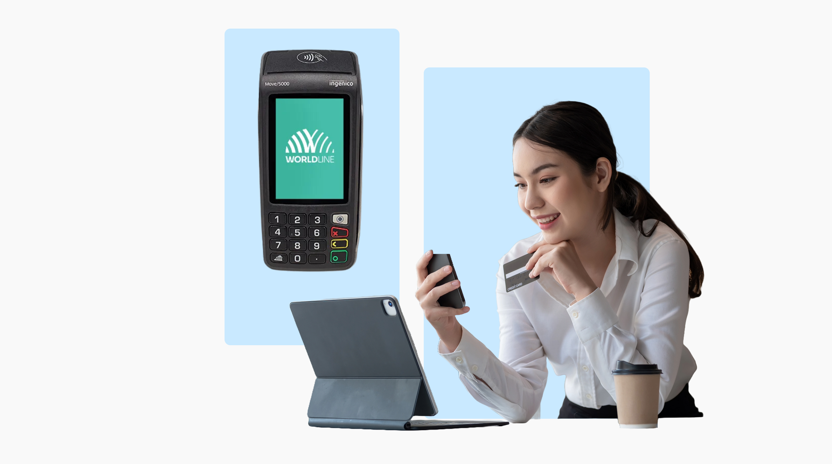 a woman check out with her card next to a payment terminal