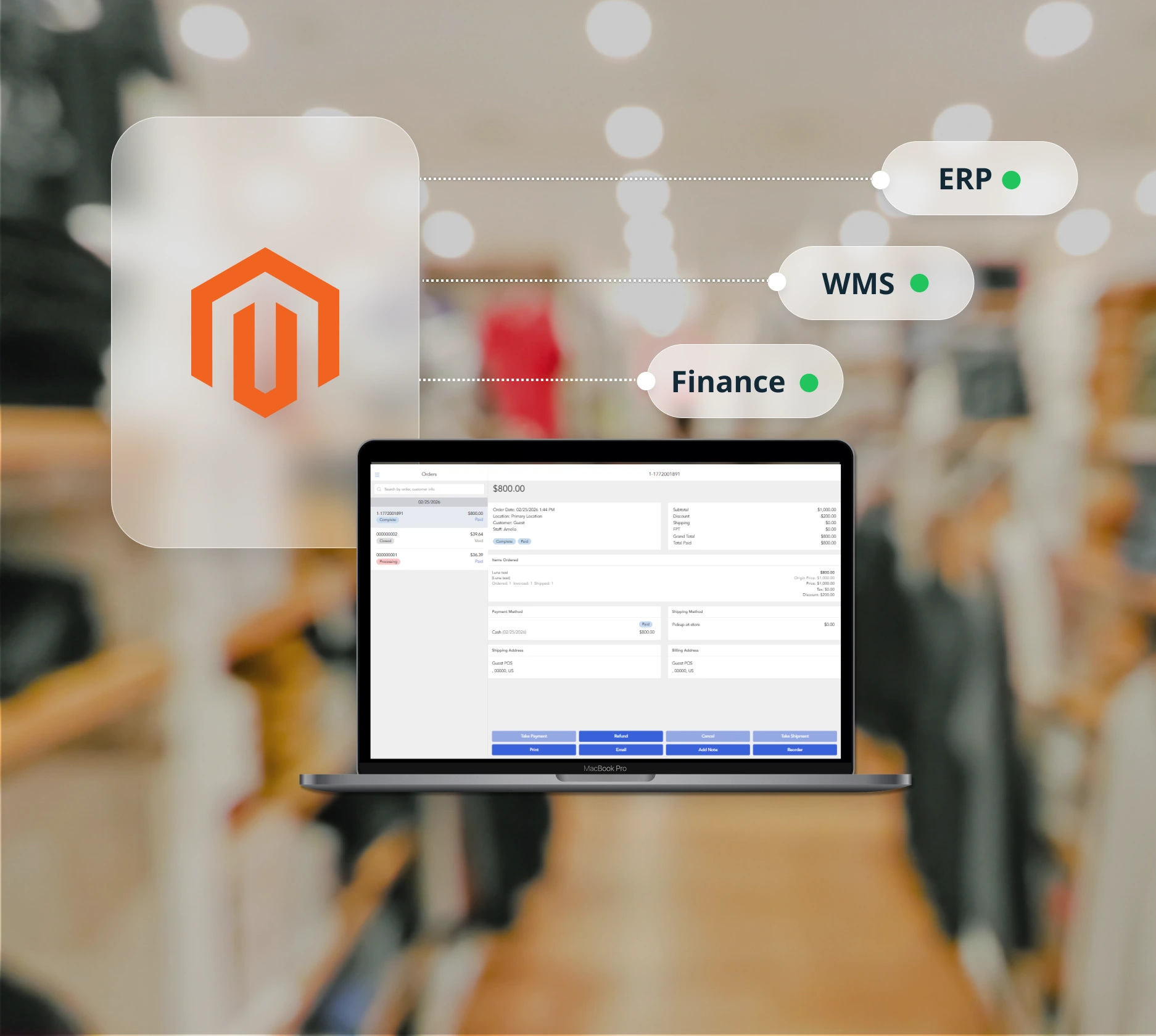 Magestore POS routing in-store orders through Magento to ERP, WMS, and Finance integrations