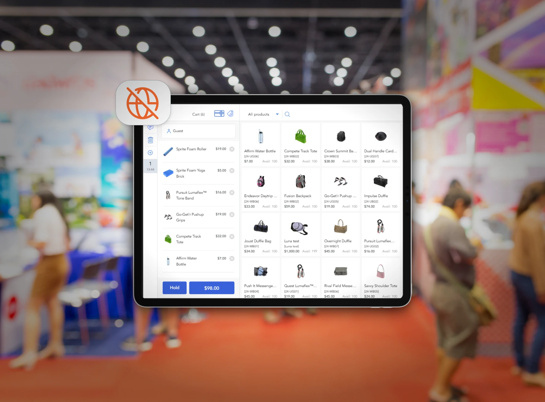 An iPad displaying the Magestore POS checkout screen at a busy trade show, featuring a 'no internet' badge to demonstrate how the offline mode keeps sales running without a connection.
